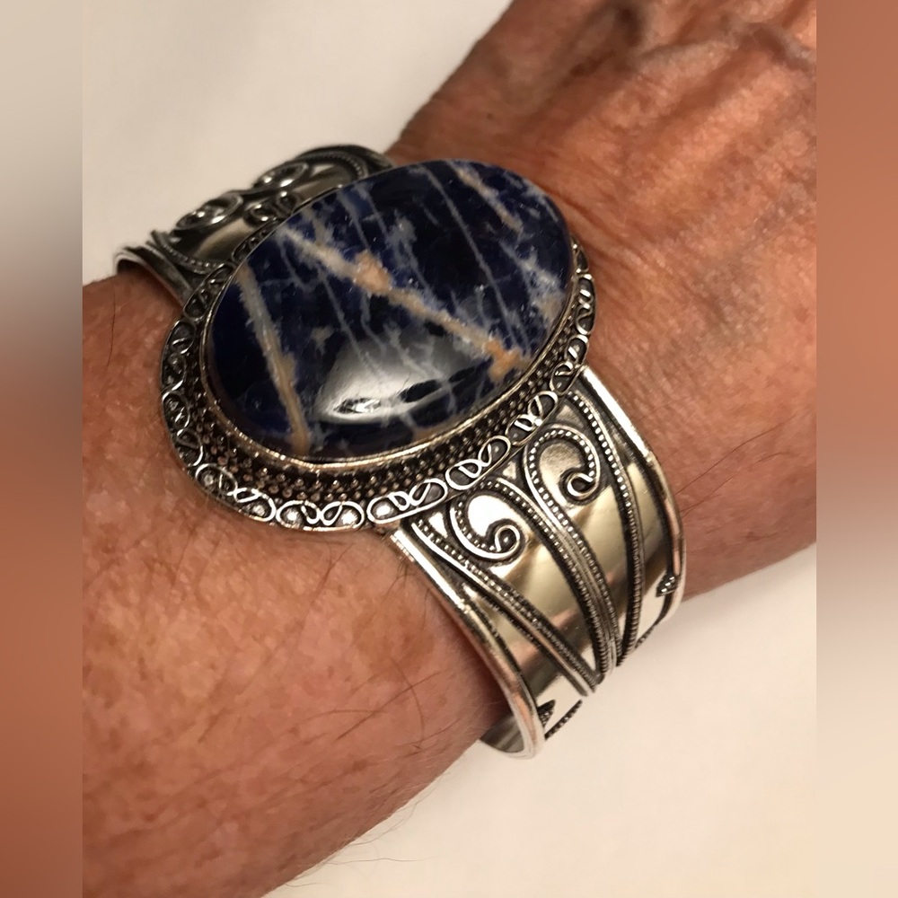 Sodalite Stamped Solid 925 Sterling Silver Cuff Bracelet